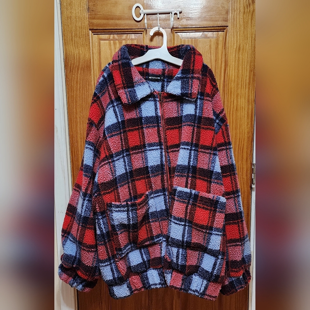 PrettyLittleThing Red Checkered Borg Jacket size Medium
